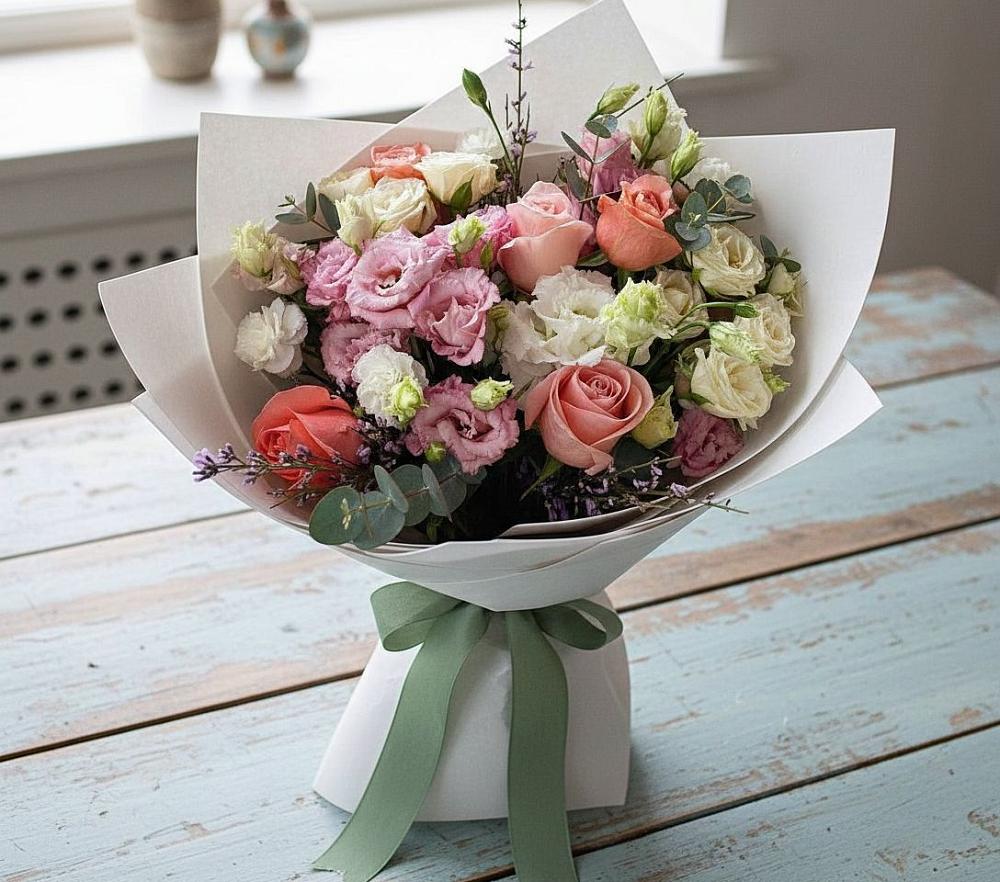 Букет цветов из: Розы, Лизиантусы и Гвоздики в Певеке